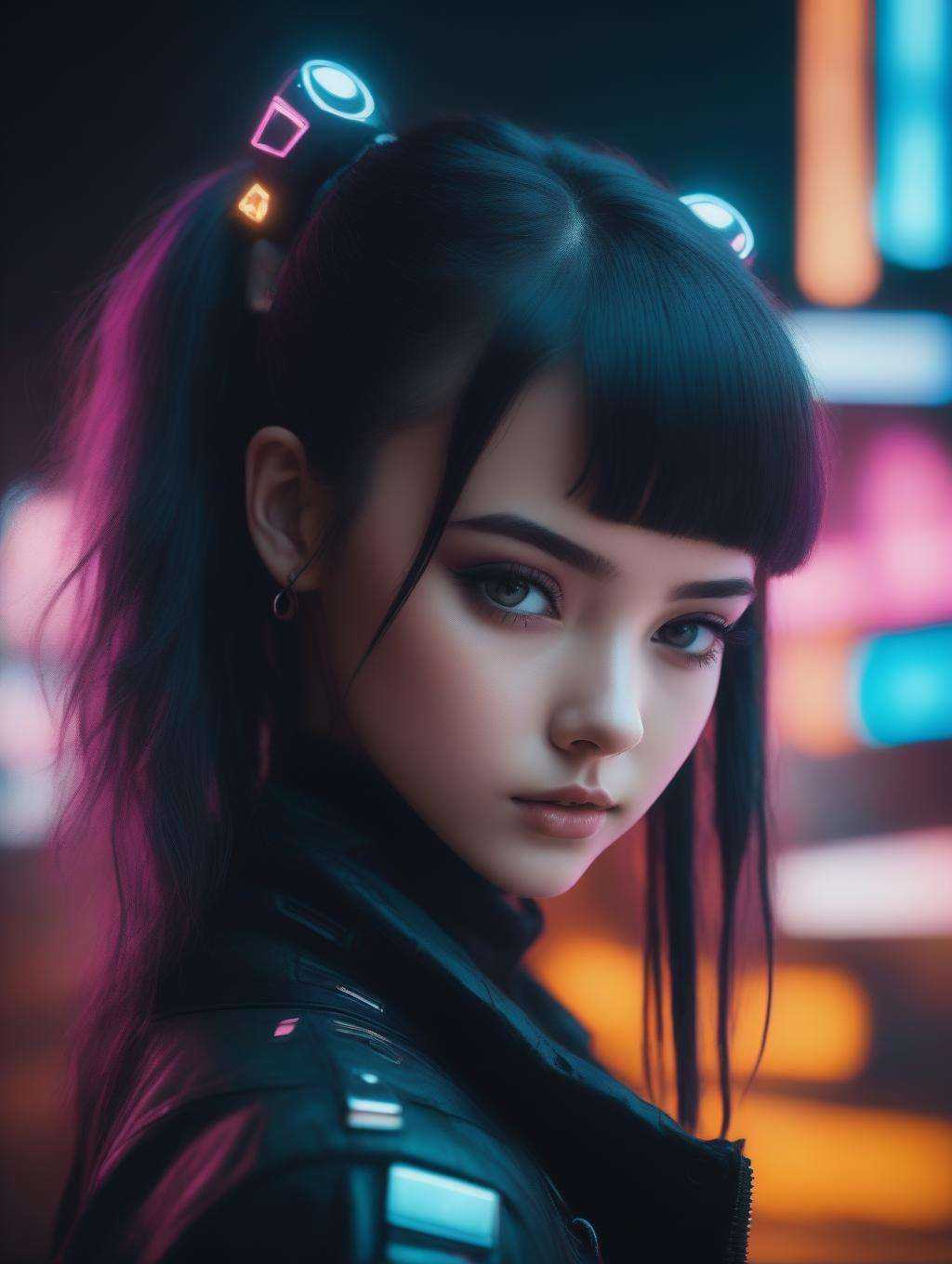 analog style cyberpunk portrait of a cute girl, beautiful