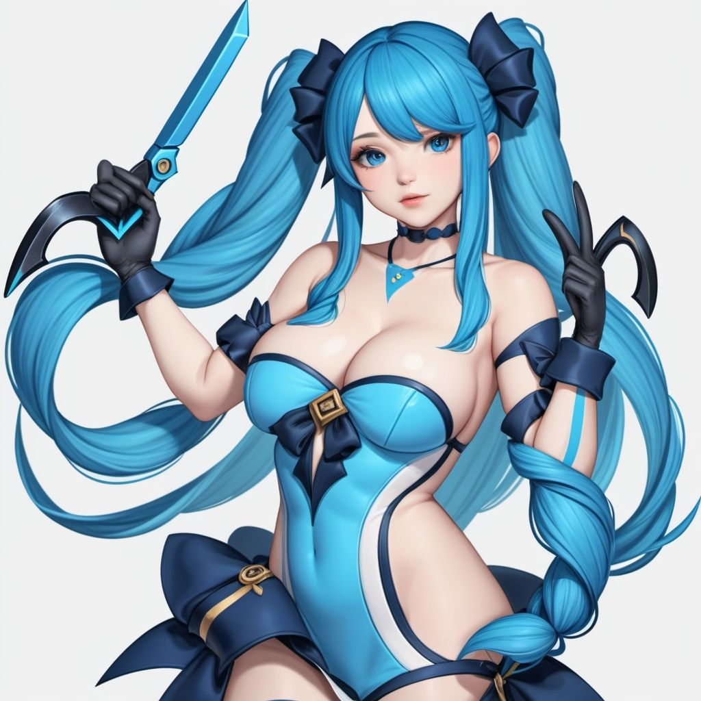best quality,highres,1girl, solo, holding scissors, long hair,blue hair, twin drills, drill hair, dress, gloves, bangs, bare shoulders, collarbone, twintails, cleavage, large breasts, hair bow,naked,