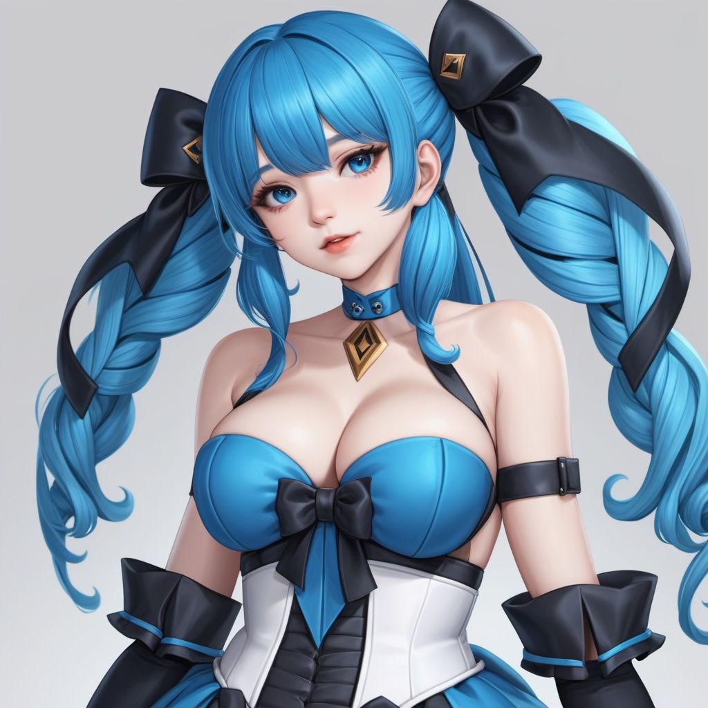best quality,highres,1girl, solo, holding scissors, long hair,blue hair, twin drills, drill hair, dress, gloves, bangs, bare shoulders, collarbone, twintails, cleavage, large breasts, hair bow, 