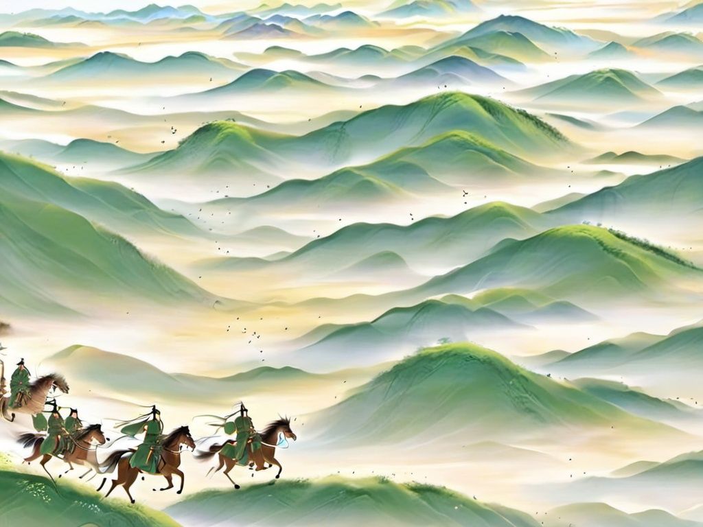 <lora:sdxl_shenhua_v2:1>,shenhua,a team of soldiers rode their horses over the hillside,ahead is a vast expanse of grassland,