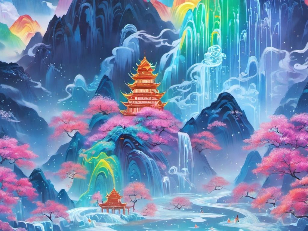 <lora:sdxl_shenhua_v2:1>,shenhua, beautiful detailed glow,detailed ice,beautiful detailed water,(floating palaces:1.2),(ice crystal texture wings),（Iridescence and rainbow hair:2.5）