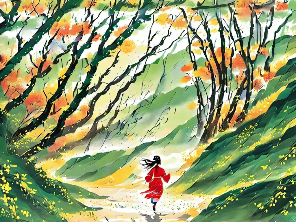 <lora:sdxl_shenhua_v2:1>,shenhua,a girl running in the forest,there are many dangers around us,