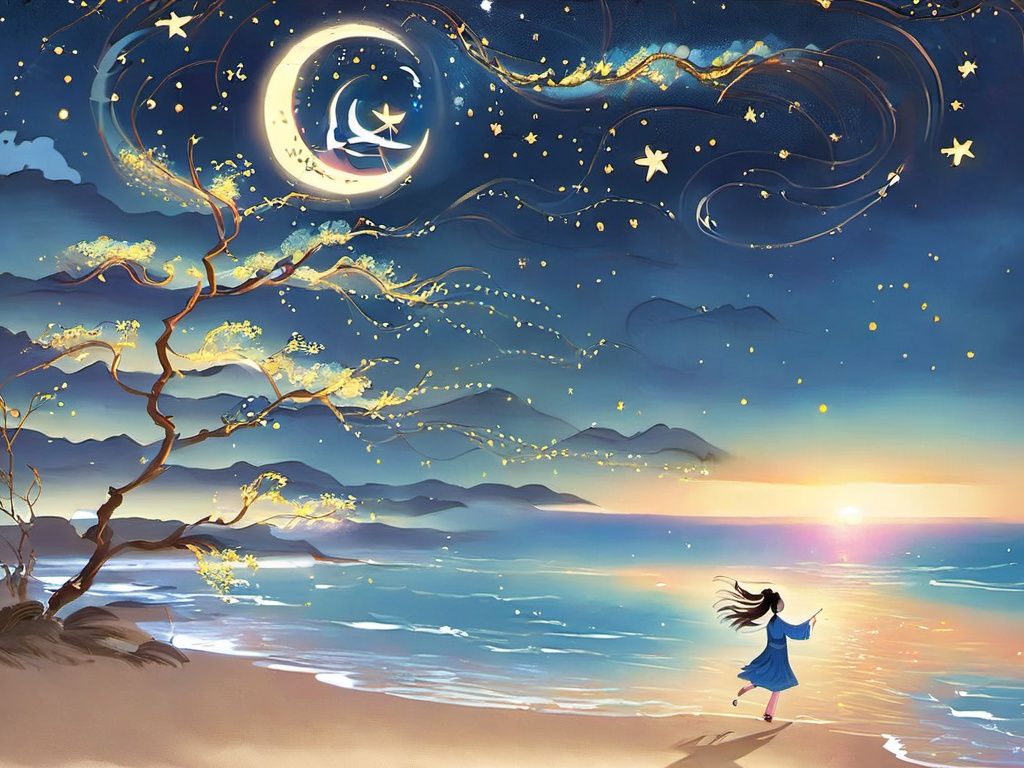<lora:sdxl_shenhua_v2:1>,shenhua,evening,the little girl is playing by the beach,the stars are already shining in the sky,