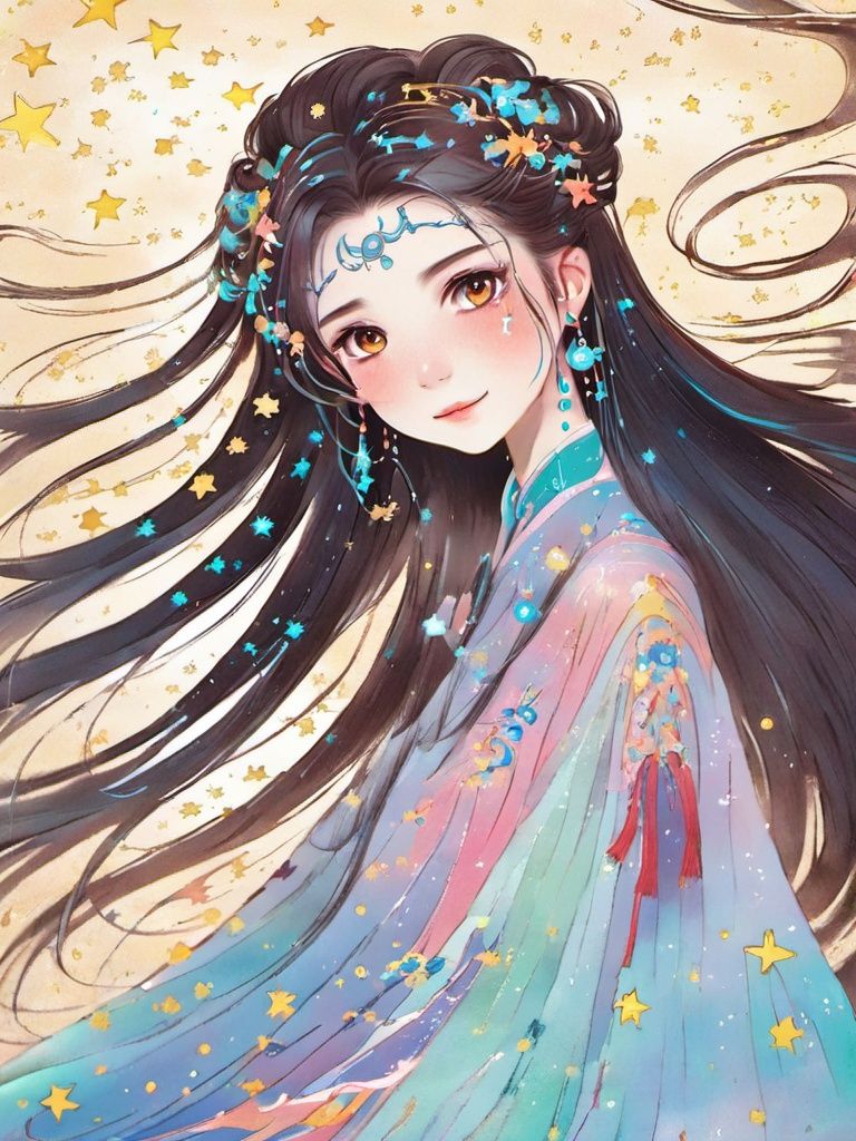 <lora:sdxl_shenhua_v2:1>,shenhua,  stars in the eyes, messy floating hair, colored inner hair, Starry sky adorns hair, depth of field