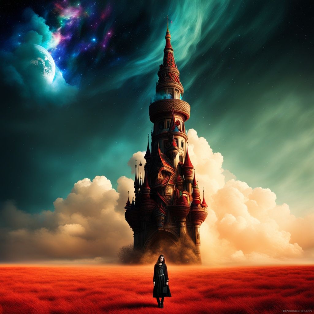 xs-4d-space,scenery,cloud,colorful, dark fantasy,  tower, fashion photography, 1girl,face to viewer, 