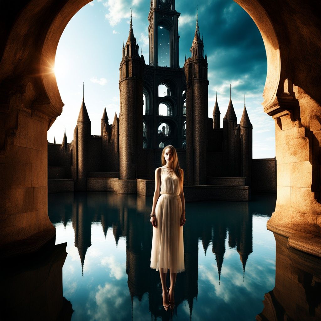 xs-4d-space,scenery,water,reflection, dark fantasy,  tower, fashion photography, 1girl,face to viewer, 