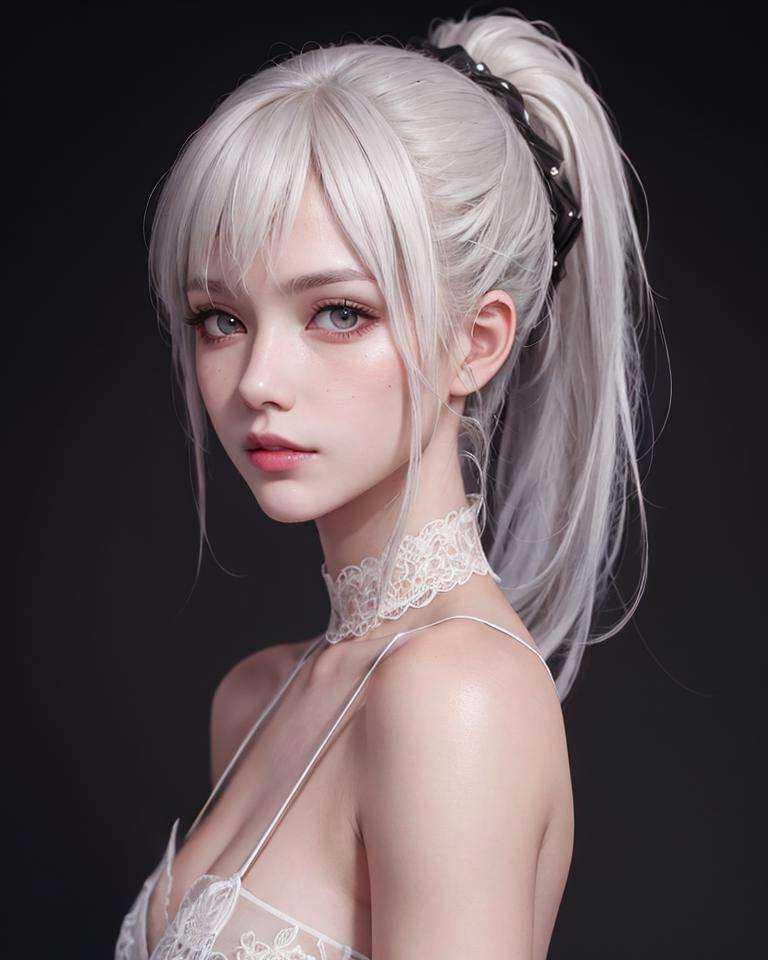 masterpiece,best quality,ultra-detailed,8K,detailed light,detailed shadow,RAW, (detailed skin),(realistic:1.2),1girl,face,white hair, ponytail,  <lora:角色-baiYiPathToNowhere_v15:0.3>
