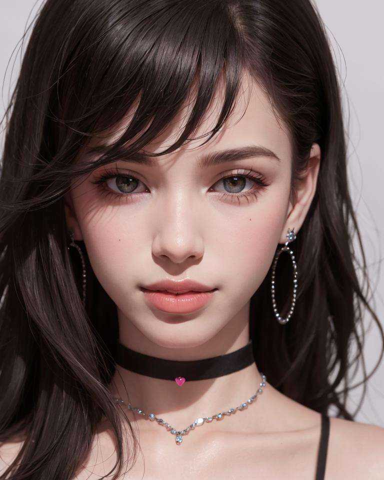 masterpiece,best quality,ultra-detailed,8K,detailed light,detailed shadow,RAW, (detailed skin),(realistic:1.2),1girl,face,looking at viewer, pilyeon, black nails, jewelry, Long hair, looking at viewer, choker, necklace,piercing, white background, heart, closed mouth, grey eyes, nail polish, simple background, black hair, ear piercing, black choker, smile, eyelashes, lips, bangs, bracelet, beads, gem, earrings, fingernails,<lora:风格-noobLeyon_v1-2.5D朋克-关键词超多参考图片:0.6>