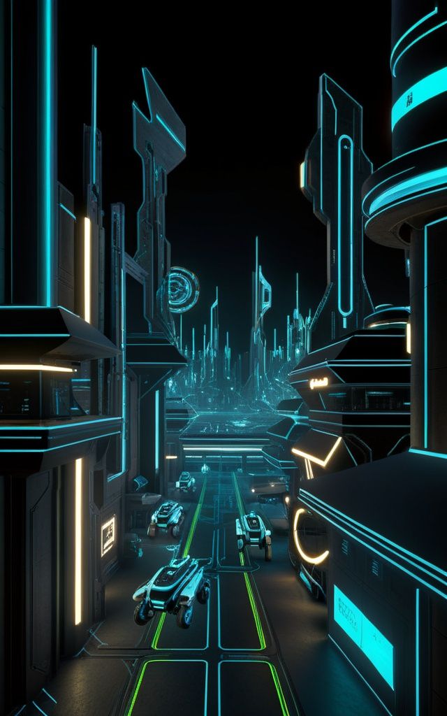 realistic, science_fiction, A futuristic world of robots and mechs navigating neon cities.