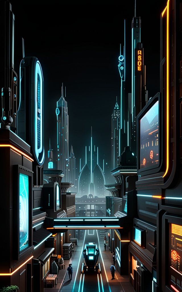 realistic, science_fiction, A futuristic world of robots and mechs navigating neon cities.