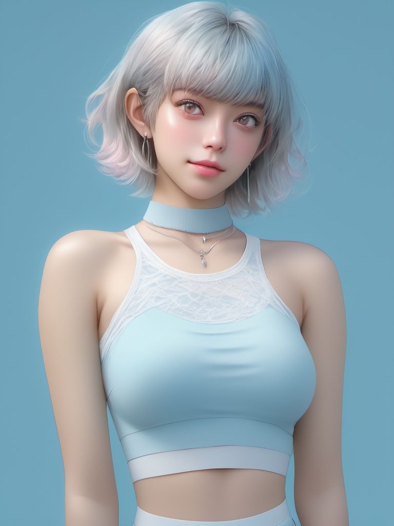 1girl, earrings, jewelry, blue_background, solo, choker, upper_body, short_hair, looking_at_viewer, artist_name, crop_top, bangs, breasts, lips, nose,photo,8k,highly detailed,digital photography,masterpiece,sidelighting,finely detailed beautiful eyes,hdr,realistic,high definition,<lora:Oxygen girl_SDXL1.0:0.7>,