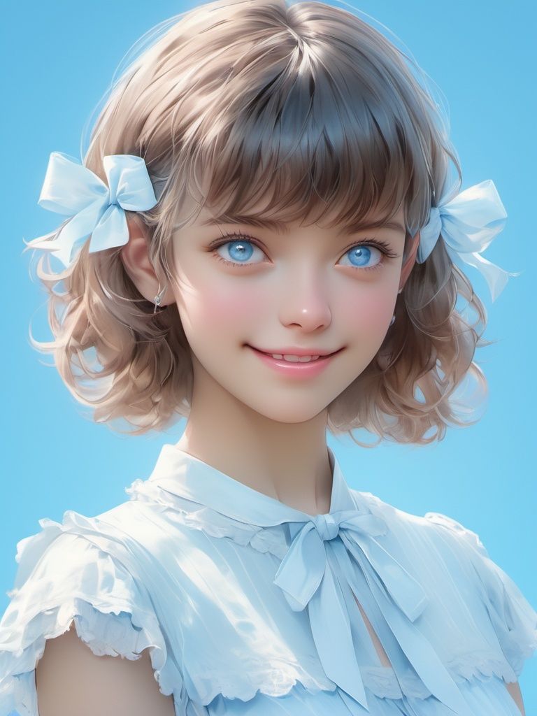 BJ_Oxygen girl,1girl,solo,blue_background,short_hair,blue_sky,dress,looking_at_viewer,day,ribbon,blue_eyes,sky,white_ribbon,smile,bangs,short_sleeves,photo,8k,highly detailed,digital photography,masterpiece,sidelighting,finely detailed beautiful eyes,hdr,realistic,high definition,<lora:Oxygen girl_SDXL1.0:0.7>,