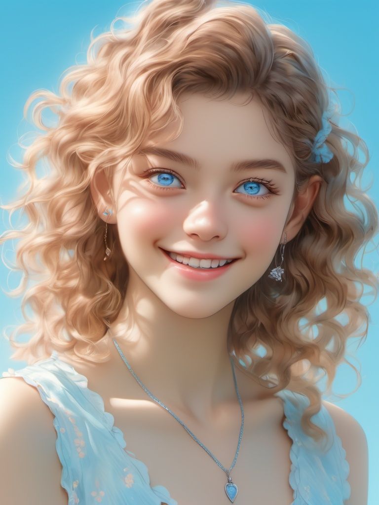 BJ_Oxygen girl,1girl,jewelry,blue_background,smile,solo,necklace,earrings,blue_sky,blue_eyes,looking_at_viewer,day,wavy_hair,photo,8k,highly detailed,digital photography,(masterpiece, sidelighting, finely detailed beautiful eyes:1.2),hdr,realistic,high definition,<lora:Oxygen girl_SDXL1.0:0.7>,