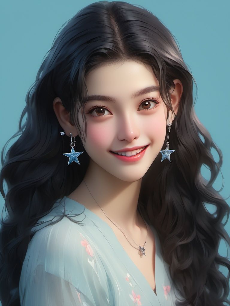 BJ_Oxygen girl,1girl,earrings,solo,jewelry,piercing,blue_background,looking_at_viewer,black_hair,hair_ornament,smile,gradient_background,gradient,star_earrings,long_hair,lips,photo,8k,highly detailed,digital photography,masterpiece,sidelighting,finely detailed beautiful eyes,hdr,realistic,high definition,<lora:Oxygen girl_SDXL1.0:0.7>,