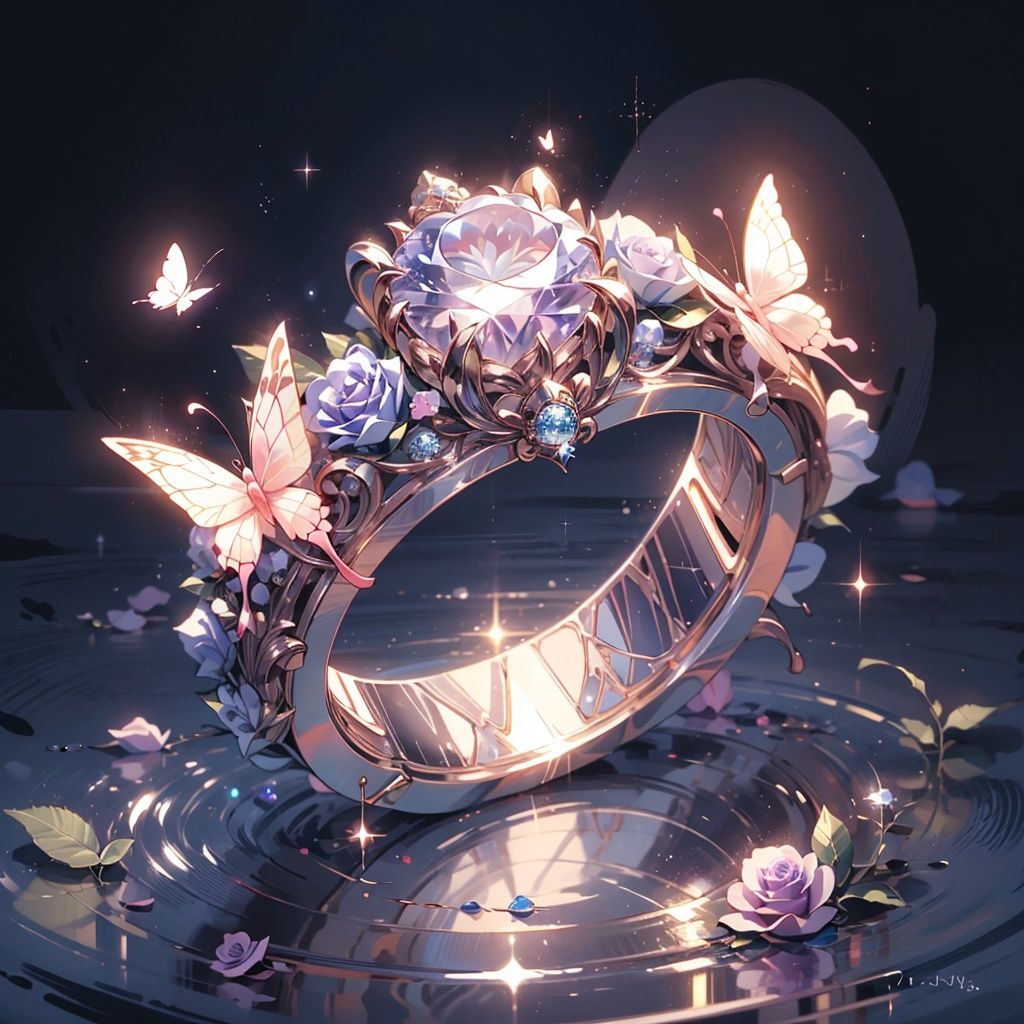 nijiring, ring,purple gemstone,star_(symbol),rose, butterfly,water,