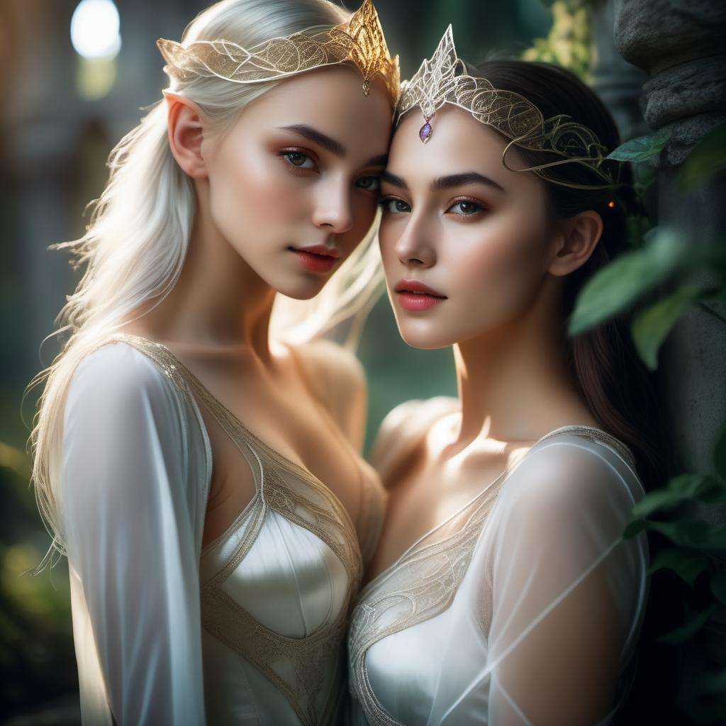 two 18 year old elven women with delicate hugging each other,  shiny skin,  translucent wrapped white silk clothes on Tens...