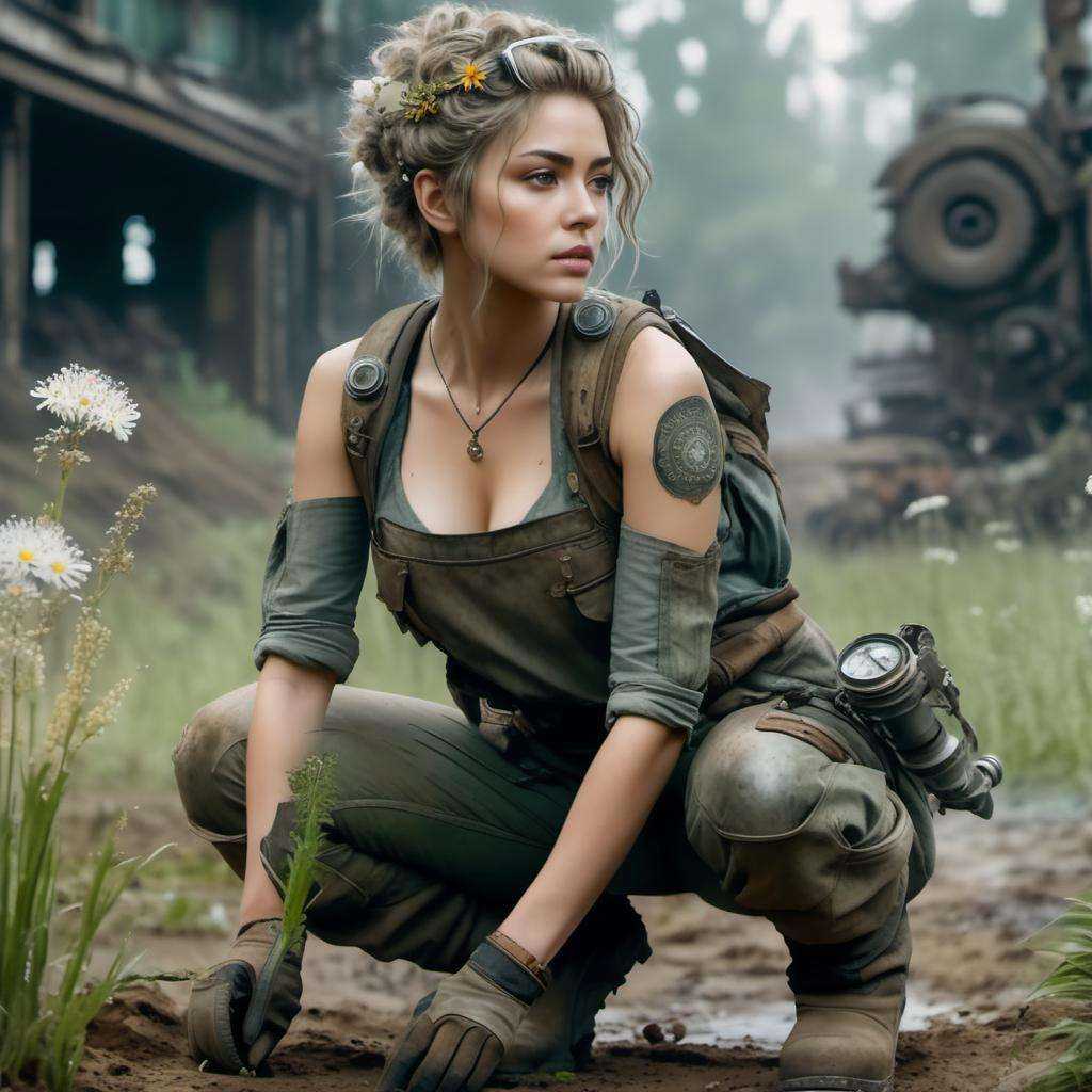 kneeling,  (forrest|fantasy),  ((((post apocalyptic mechanic woman)))) on Tensor.Art