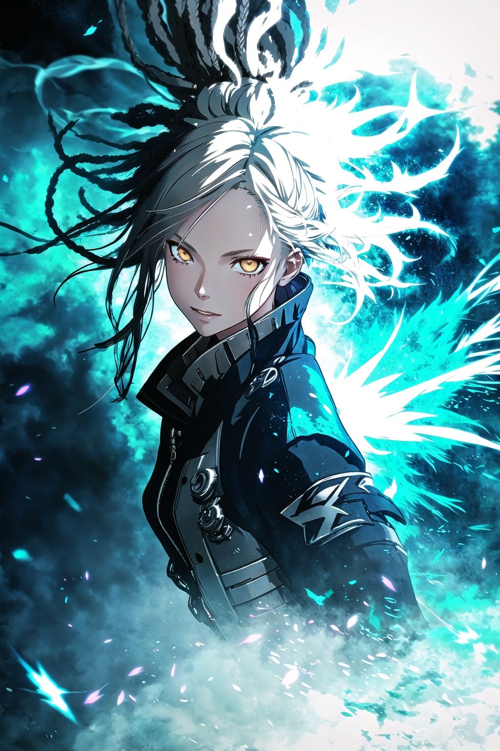 guiltys, happy, a girl, white eyes, gray dreads hair, showing love, upper body, (bokeh:1.1), depth of field, style of Anne Bachelier, tracers, vfx, splashes, lightning, light particles, white background