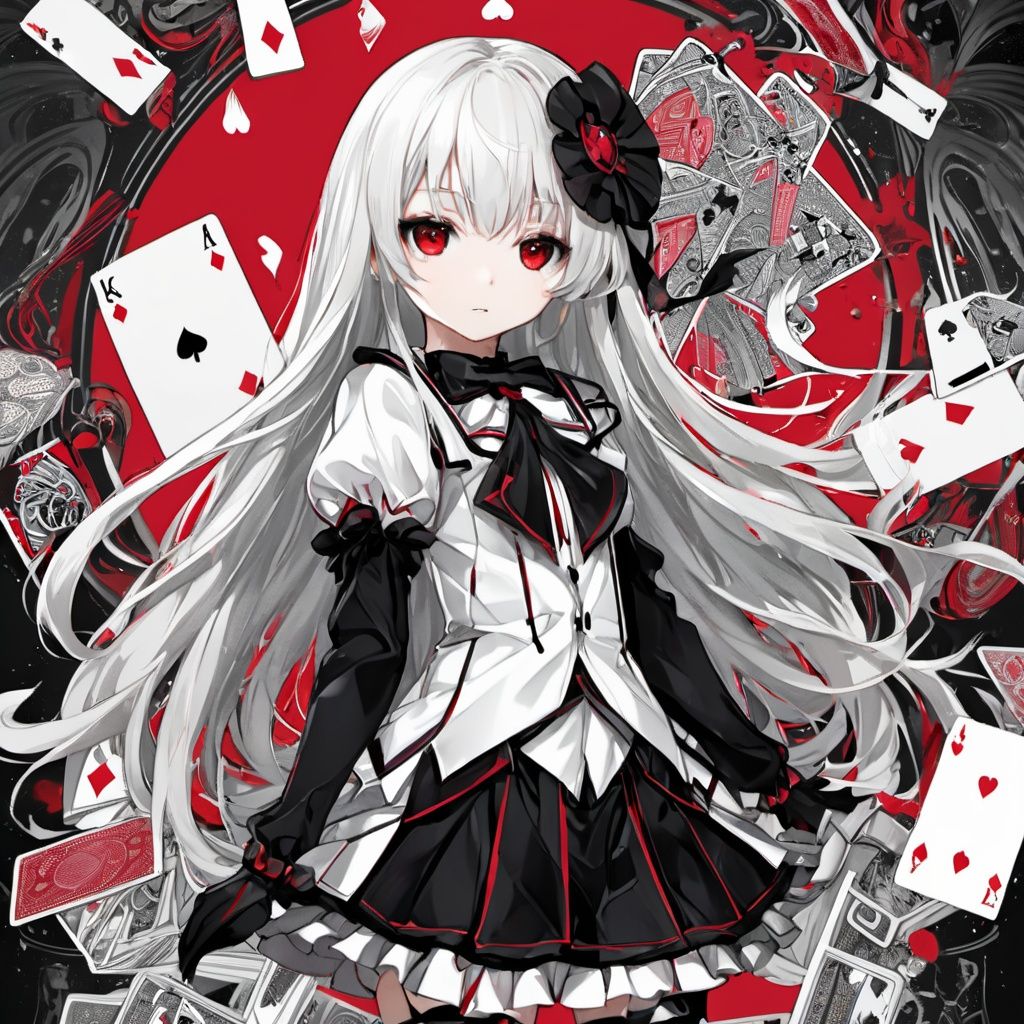 anime,(8K wallpaper),(masterpiece,best quality,ultra-detailed,illustration),((playing card theme)),Mark stroke,(black and white:1.5) and red,Limited color,Dutch lens,double exposure, fussion of Fluid abstract art,(2D),(Original illustration composition), (Maximalism artstyle,Geometric artstyle) ,((Classic decorative border)),(((solo))),(loli:1.5),(child:1.5),(petite:1.5),red eyes,White skin, white hair,white hair,very long hair,full body,black serafuku,black thighhighs,cards flying ,
