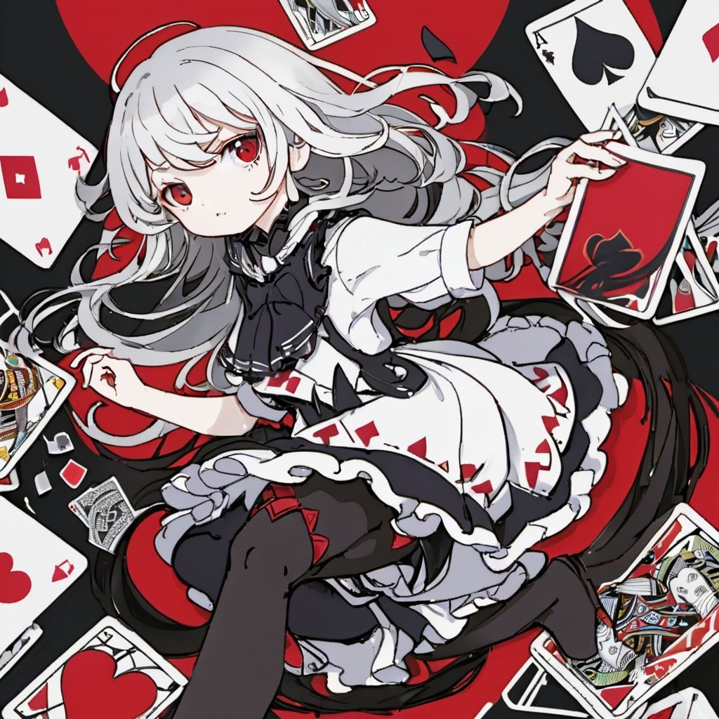 anime,(8K wallpaper),(masterpiece,best quality,ultra-detailed,illustration),((playing card theme)),Mark stroke,(black and white:1.5) and red,Limited color,Dutch lens,double exposure, fussion of Fluid abstract art,(2D),(Original illustration composition), (Maximalism artstyle,Geometric artstyle) ,((Classic decorative border)),(((solo))),(loli:1.5),(child:1.5),(petite:1.5),red eyes,White skin, white hair,white hair,very long hair,full body,black serafuku,black thighhighs,cards flying ,
