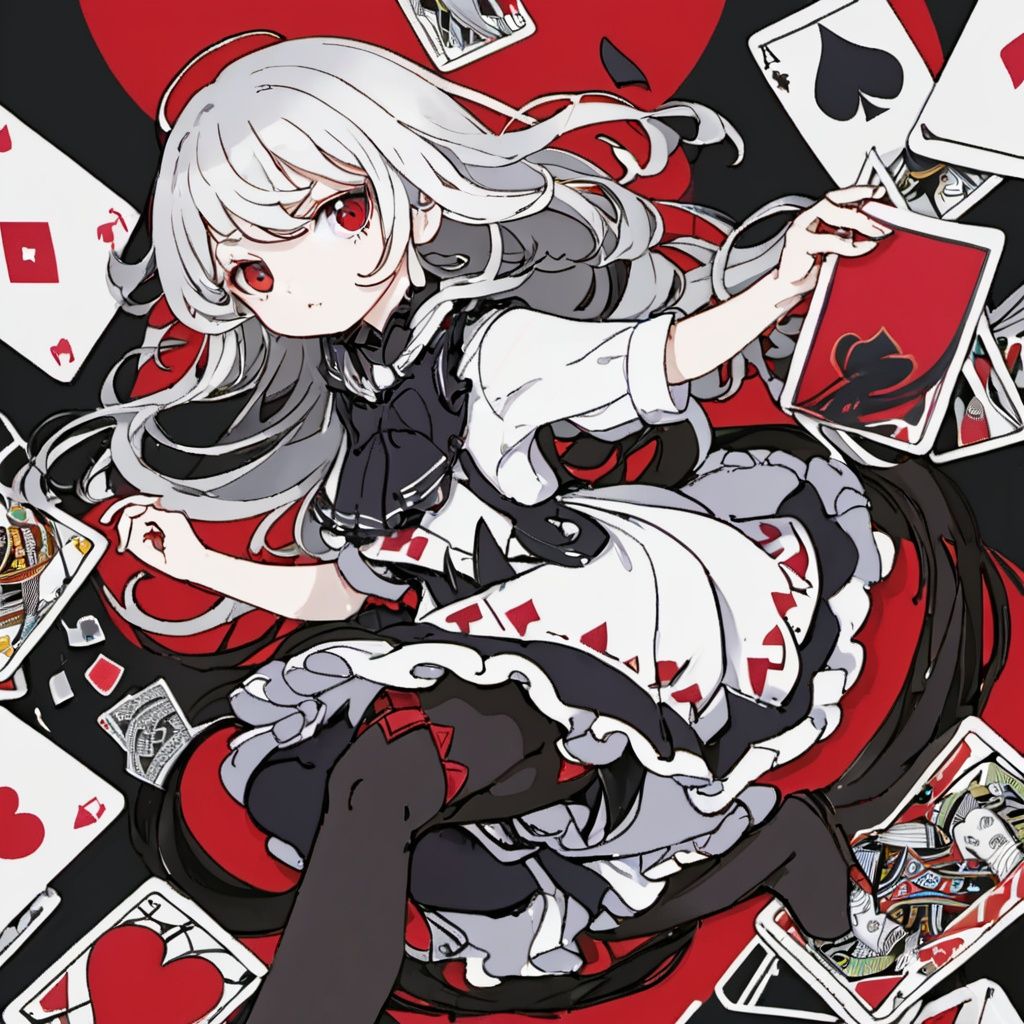 anime,(8K wallpaper),(masterpiece,best quality,ultra-detailed,illustration),((playing card theme)),Mark stroke,(black and white:1.5) and red,Limited color,Dutch lens,double exposure, fussion of Fluid abstract art,(2D),(Original illustration composition), (Maximalism artstyle,Geometric artstyle) ,((Classic decorative border)),(((solo))),(loli:1.5),(child:1.5),(petite:1.5),red eyes,White skin, white hair,white hair,very long hair,full body,black serafuku,black thighhighs,cards flying ,

