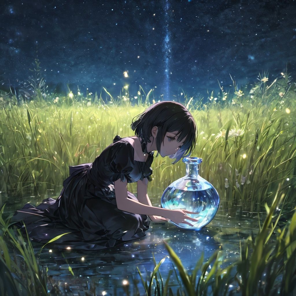 anime,(extremely detailed CG unity 8k wallpaper,masterpiece, best quality, ultra-detailed), (best illumination, best shadow, an extremely delicate and beautiful), dynamic angle, floating, finely detail, Depth of field (bloom), (shine), glinting stars, classic, (illustration),best starry sky,transparent, 1girl:1.75,long and write hair,detailed black eyes,medium breasts,witch, (girl sitting inside a long crystal bottle),bottle with stopper,water in bottle,grass background,nature
