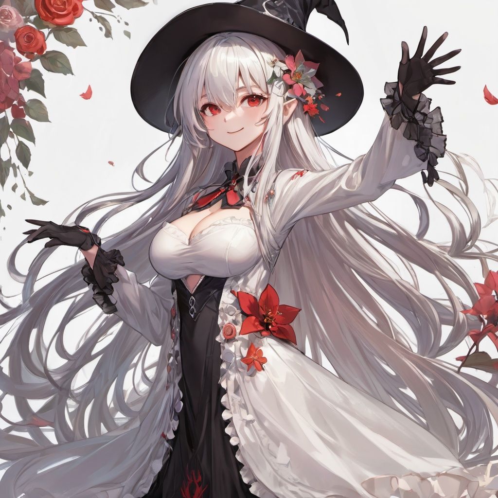 anime,(masterpiece:1.2),(arms behind back:1.2),best quality,game cg,1girl,solo,long hair,white hair,hair ornament,dress,full body,looking at viewer,simple background,red eyes,standing,hair flower,white background,white dress,closed mouth,long sleeves,skirt,wavy hair,blush,large breasts,smile,very long hair,hand up,floral print,witch hat,elf,evil ghost
