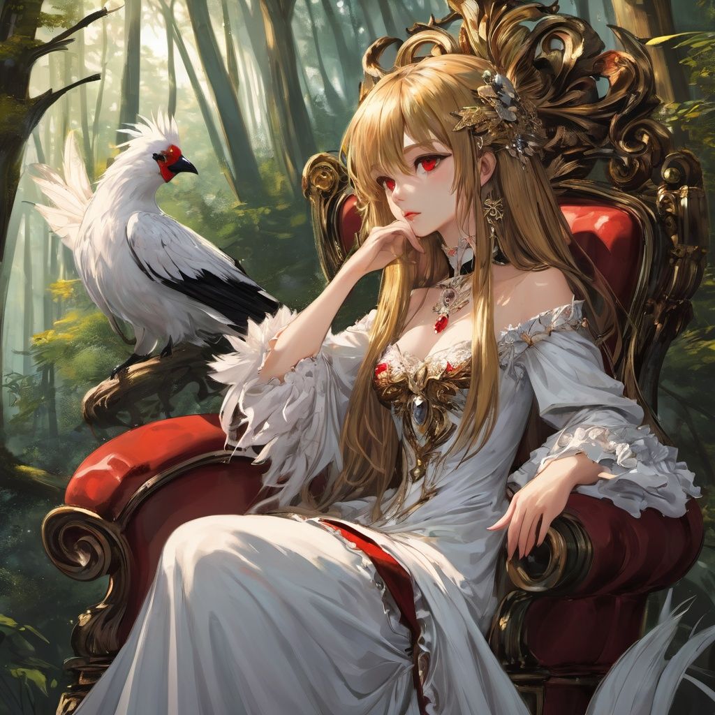 anime,Medium view, girl focus, a girl, sitting sideways on a luxurious chair, hand supporting chin, looking out of the camera, red eyes, detailed engraved picture part, delicate and beautiful face, exotic, mysterious forest, high detail red eyes, wind, wind blowing hair, windward, high detail hair, aristocratic clothing, fluff, golden feathers, epic, masterpiece, wooden, old, golden hair,1girl