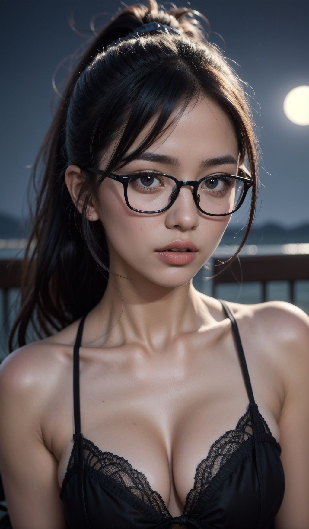 masterpiece, best quality, high quality, 4k, 1girl, realistic, black hair, ponytail, glasses, upper body, smoking, (night:1.5), moonlight, <lora:Skin%20Whitening%20and%20Tanning%20Regulator:0.8>