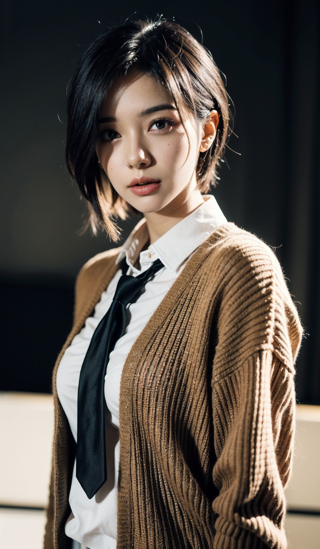 a girl with wavy brown hair pixie haircut wearing a winter sweater with a tie designed by italian tie, character design by charlie bowater, ross tran, artgerm, and makoto shinkai, detailed, soft lighting, rendered in octane,  <lora:Skin%20Whitening%20and%20Tanning%20Regulator:0.5>,  <lora:FilmVelvia3:0.8>