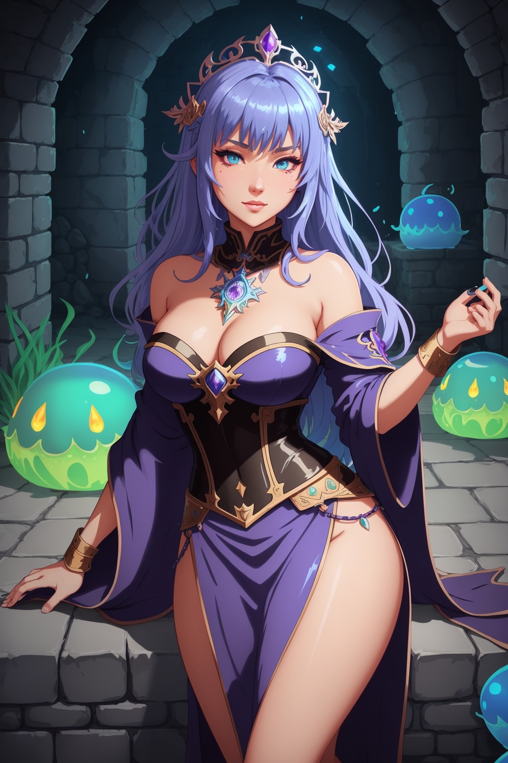 `(cel-shading style) extremely detailed illustration of a gorgeous sorceress wearing flowy robes,  flattering look,  (cent...