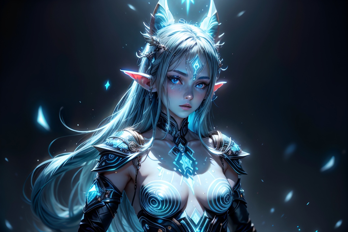 blue humanoid avatar with bioluminescent avatar markings dots and patterns on their skin. Pointed elf ears. avatar like ha...
