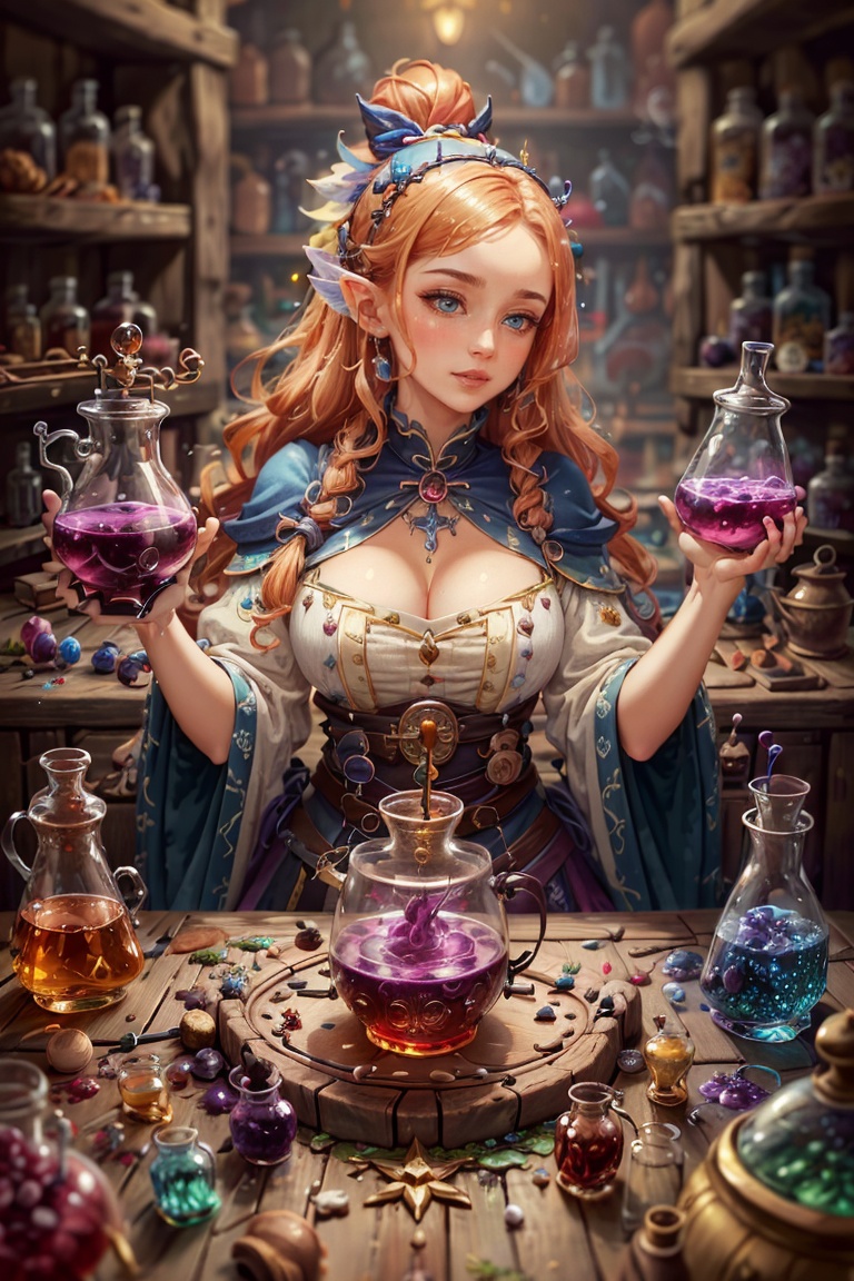 Extremely detailed really cute young ginger woman potion mistress,  magic,  lots of colorful potions on Tensor.Art