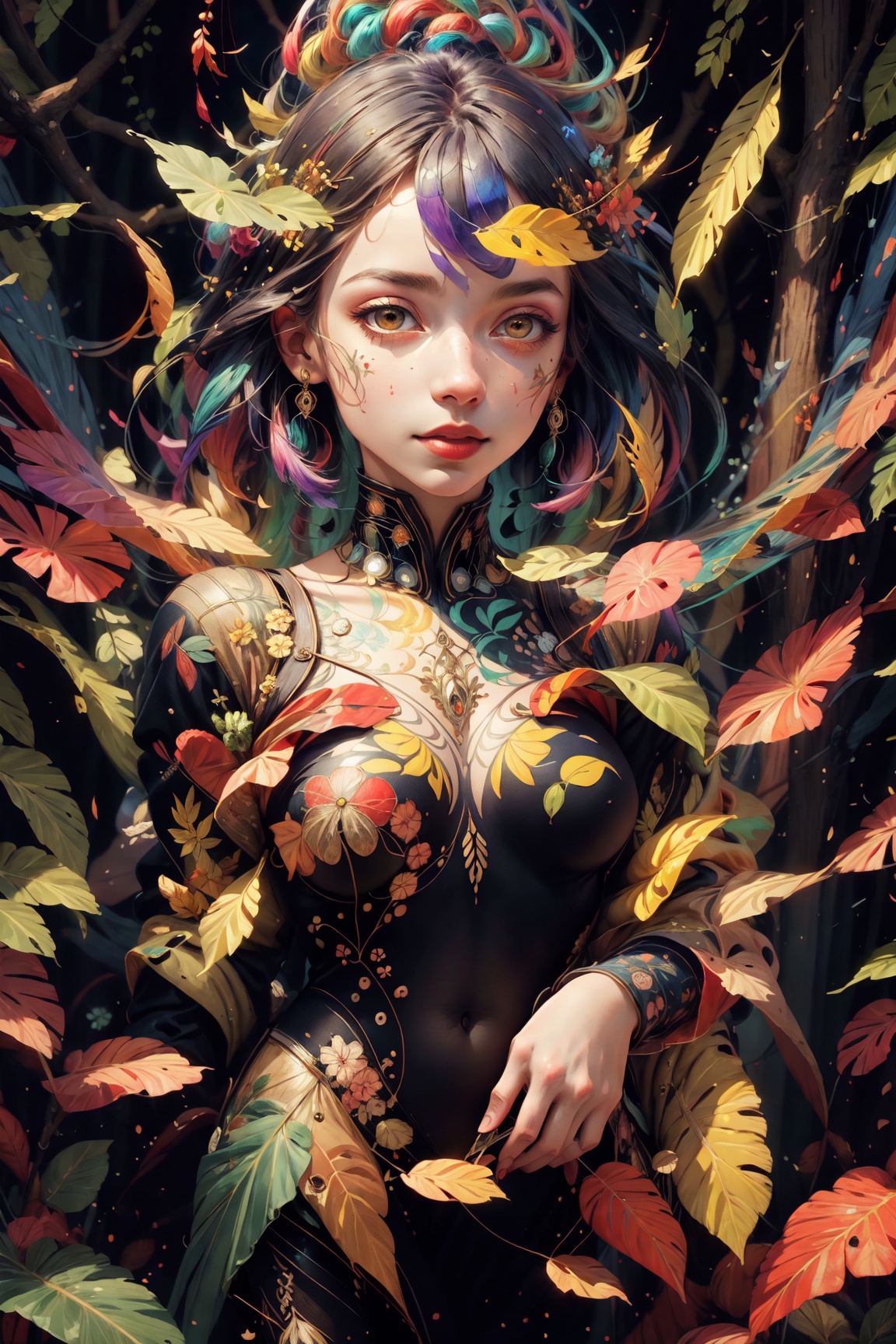 a masterpiece artwork,  Seamlessly blends the girl's vibrant personality with the natural beauty of leaves. As she dances...