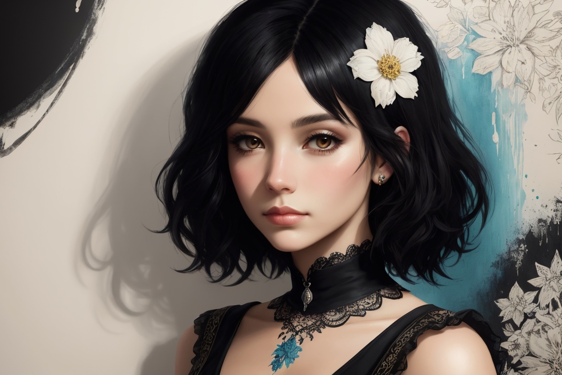 a woman,  short black hair,  shabby chic wallpaper on Tensor.Art