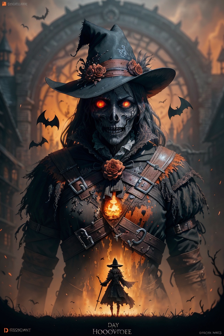 Silhouette of a bloodborne scarecrow hunter,  glowing eyes,  t-shirt design on Tensor.Art
