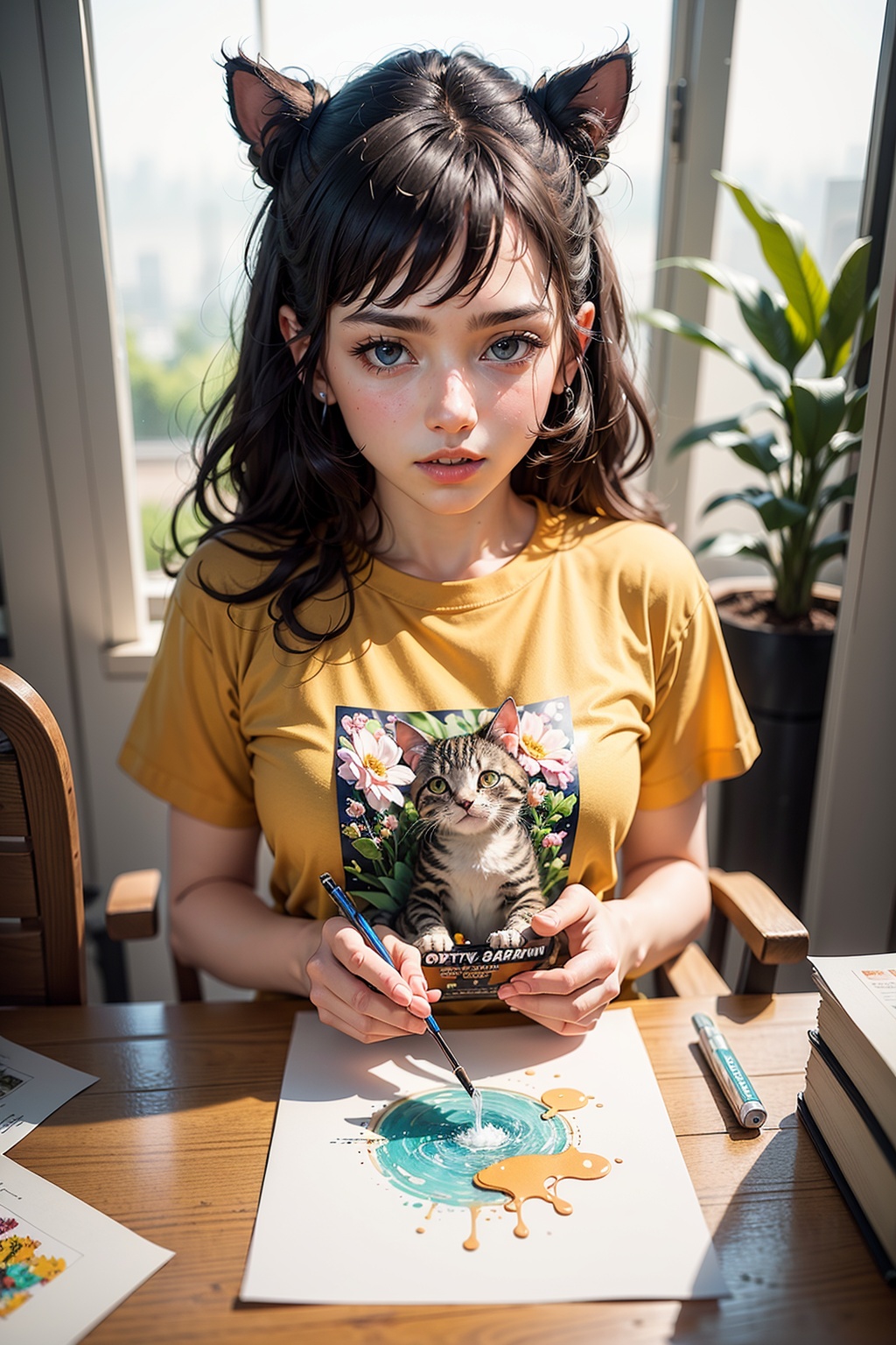 A detailed illustration a print of vivid cute kitten head,  fantasy flowers splash,  vintage t-shirt design on Tensor.Art