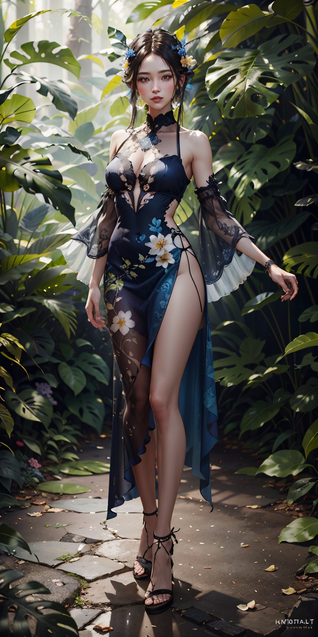 Full body,  fashion photography portrait of blue human avatar,  in blue lush jungle with flowers and birds on Tensor.Art