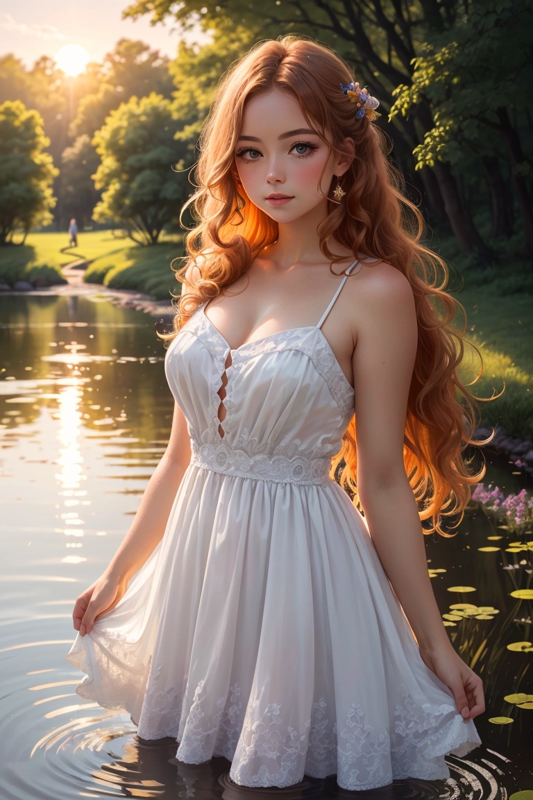 ultra detailed of a beautiful woman wearing a flowy dress in a pond,  looking down,  beautiful wavy ginger hair illuminate...