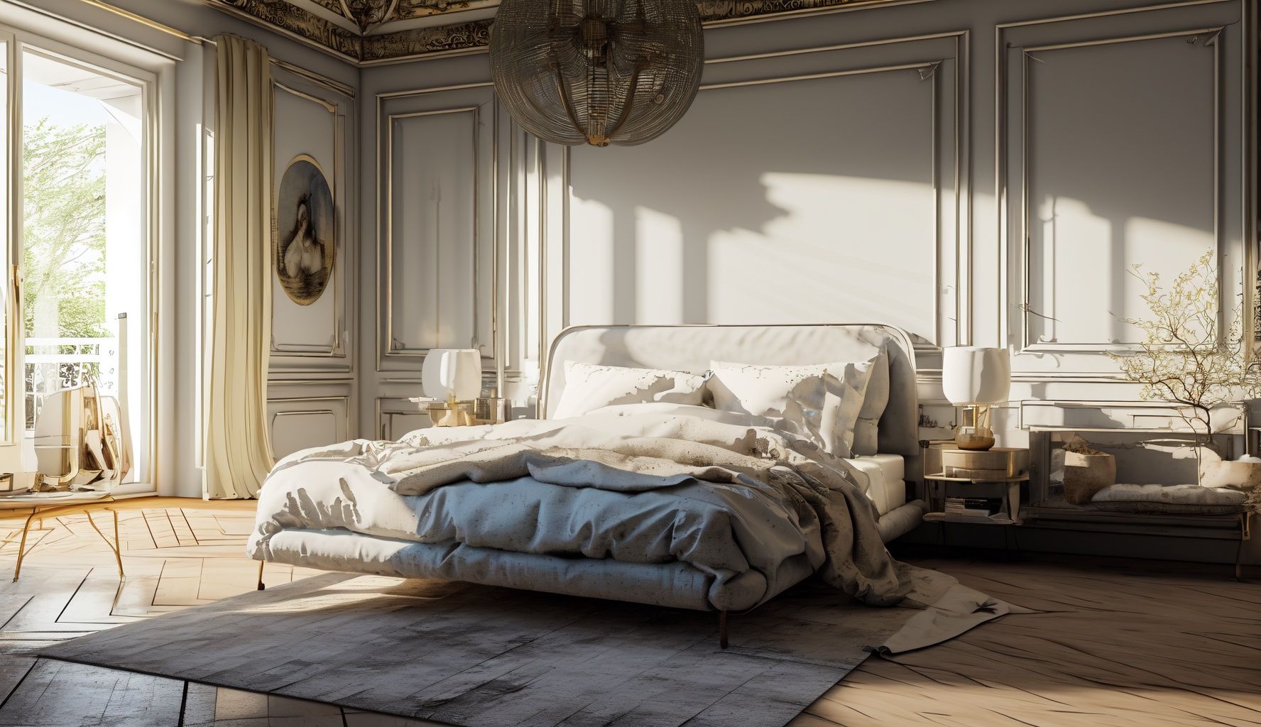 ((masterpiece)),((bestquality)),(Indoor Panorama),bedroom design,French light luxury style,sunshine,(realistic, photorealistic:1.37),ultra-detailed,8k,extremely delicate and beautiful,highresolution,ray tracing,professional lighting,photon mapping,radiosity,physically-based rendering,random matching,<lora:FS:1>,