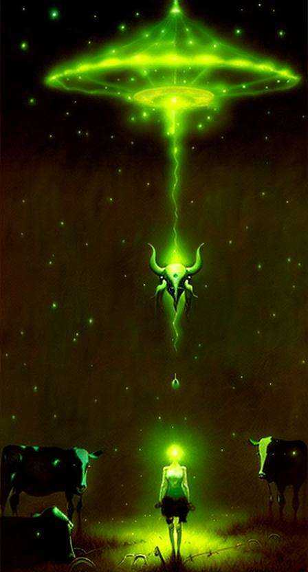 cows are abducted by aliens in a farm at night newhorrorfantasy_style on Tensor.Art