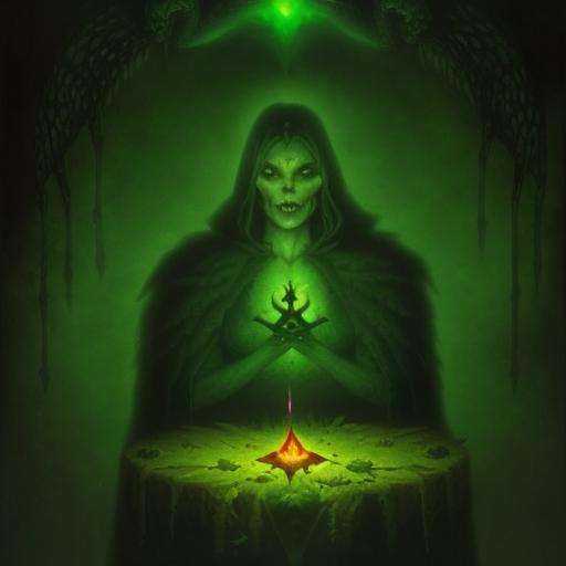 a secret dark ritual with wizards and a ritual magic sacrifice,  in a cave with green and yellow volumetric lighting,  und...