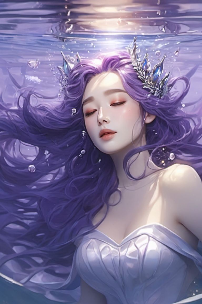 2 girls, under the water, hugs, Deformation of the chest, long whitr hair, drak, enclose, kiss, purple hair, silver hair, crown, maid headdress, Surrealism, Verism, Surrealism, UHD, retina, masterpiece, textured skin, high details, best quality, 16k,shuixia