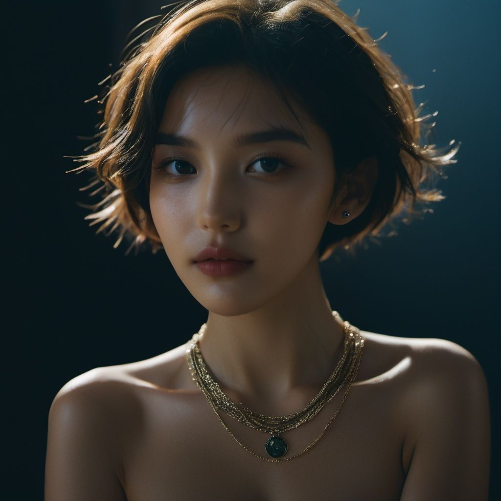 fashion photography portrait of 1girl, offshoulder, fluffy short hair, soft light, rim light, beautiful shadow, low key, (photorealistic, raw photo:1.2), (natural skin texture, realistic eye and face details), hyperrealism, ultra high res, 4K, Best quality, masterpiece, necklace, (cleavage:0.8), in the dark