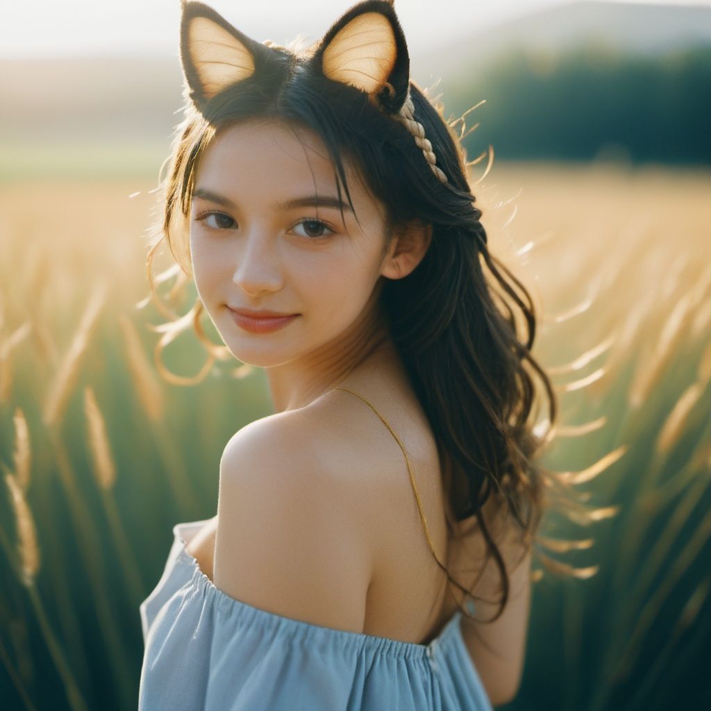 young 1girl with braided hair and fluffy cat ears, dressed in Off-Shoulder Sundress, standing in a rustic farm setting. She has a soft, gentle smile, expressive eyes and sexy cleavage. The background features a charming barn, fields of golden wheat, and a clear blue sky. The composition should be bathed in the warm, golden hour light, with a gentle depth of field and soft bokeh to accentuate the pastoral serenity. Capture the image as if it were taken on an old-school 35mm film for added charm, looking at viewer
