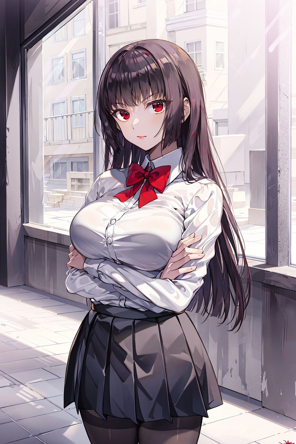 pikkysana, 1girl, solo, crossed arms, pantyhose, long hair, skirt, red eyes, breasts, shirt, looking at viewer, bow, white shirt, red bow, bowtie, pleated skirt, bangs, school uniform, black pantyhose, large breasts, long sleeves