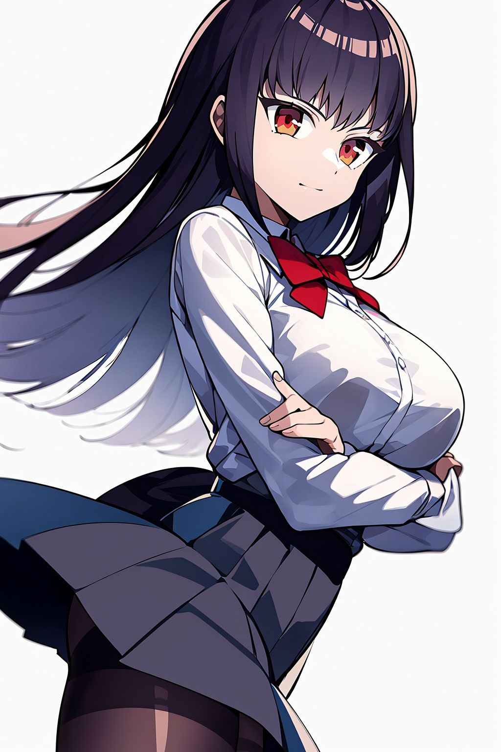 pikkysana, 1girl, solo, crossed arms, pantyhose, long hair, skirt, red eyes, breasts, shirt, looking at viewer, bow, white shirt, red bow, bowtie, pleated skirt, bangs, school uniform, black pantyhose, large breasts, long sleeves,simple background,white background,