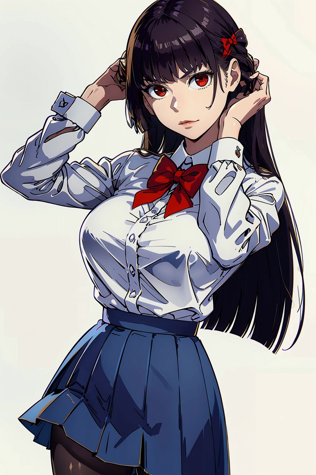 pikkysana, 1girl, solo,adjusting hair,pantyhose, long hair, skirt, red eyes, breasts, shirt, looking at viewer, bow, white shirt, red bow, bowtie, pleated skirt, bangs, school uniform, black pantyhose, large breasts, long sleeves,simple background,white background,