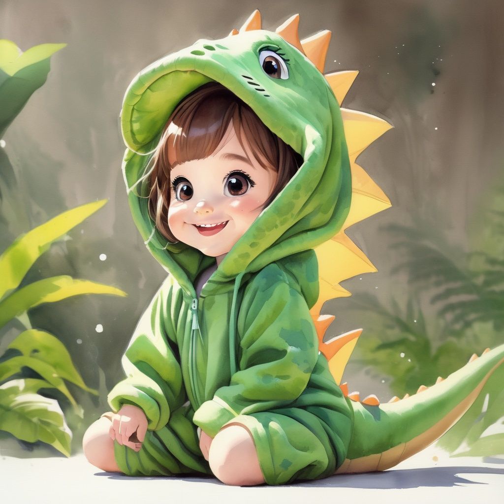 A cute 20yo girl wearing a dinosaur costume. She is smiling and her eyes are twinkling with joy. The costume is green and has a tail,spikes on the back,and a dinosaur head hood.,pretending to be a dinosaur. The fabric of the costume is soft and comfortable,and it fits her perfectly. She looks like she is having the time of her life,watercolor,full body,simple background,white background,(cartoon:0.8),