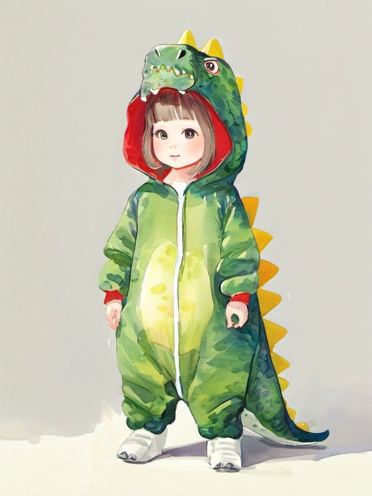 dino,konglong,illustration,20yo,a woman wearing a dinosaur costume,masterpiece,best quality,highly detailed,full_body,watercolor,<lora:DINO:0.8>,cute,